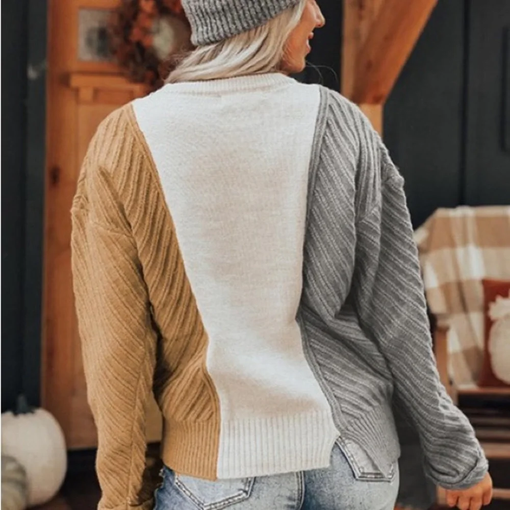 Cozy Sweater, Color Block, Cable Knit Texture, White/Tan/Gray, M L XL 2X - Picture 6 of 16